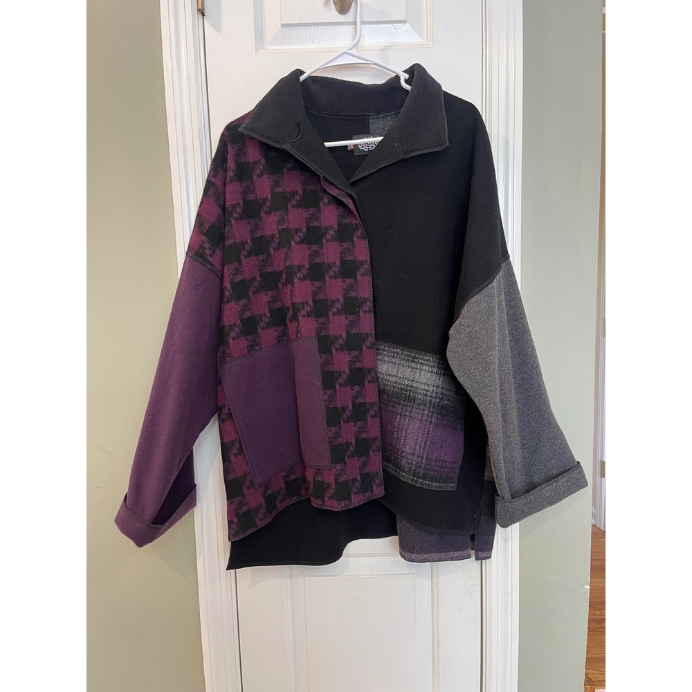 Cameleon Womens Patchwork Wool Blend Jacket Purple Black Houndstooth Size M USA